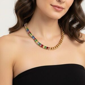 18K Gold Plated Cuban Chain Necklace Multicolor Womens Jewelry